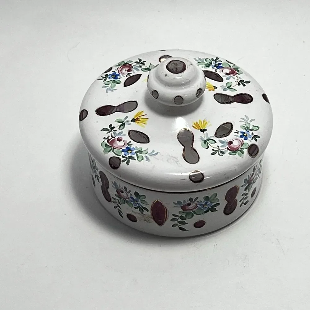 VTG Bohemian Czech Cased Milk Glass Hand Painted Trinket / Powder Jar Floral